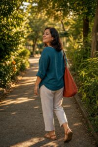 Mujer latina adulta caminando en un entorno tranquilo como símbolo de bienestar emocional