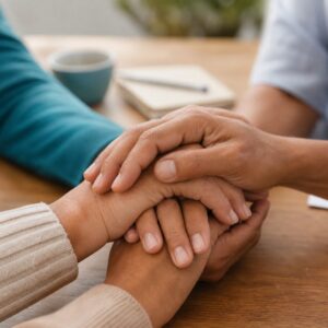Manos de adultos en gesto de apoyo durante terapia psicológica